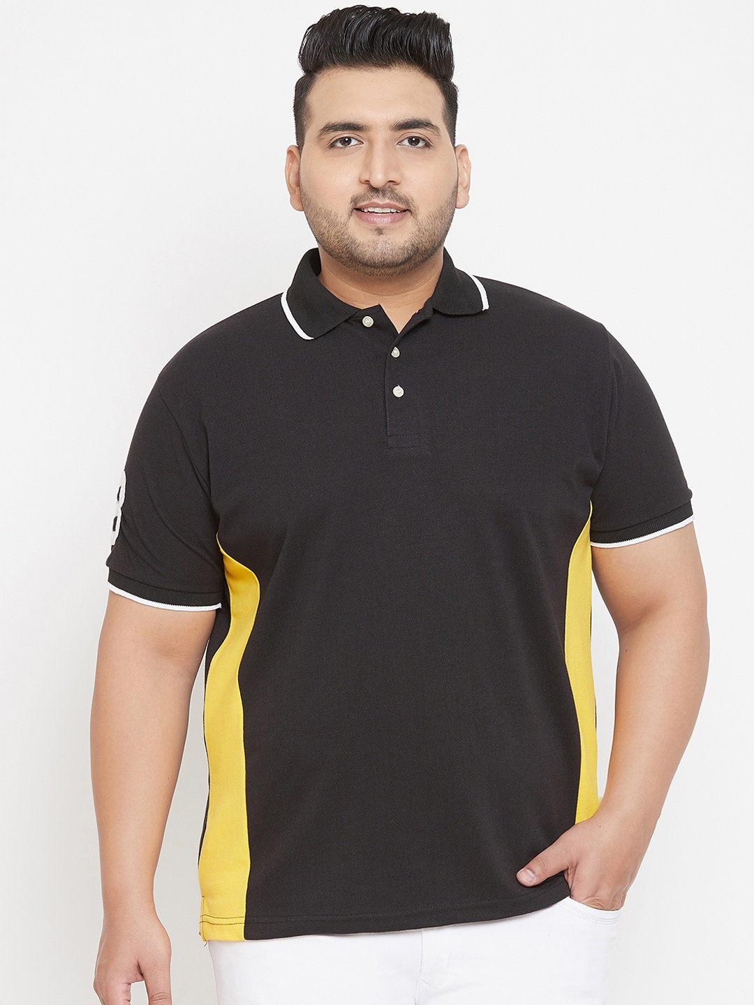 bigbanana Plus Size Men Black Yellow Colourblocked Bio-Finish Polo Collar T-shirt