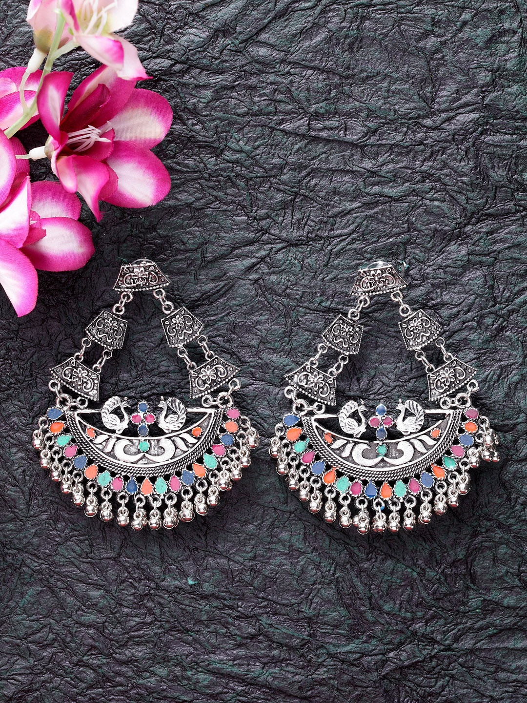 

Moedbuille Silver-Toned Crescent Shaped Antique Meenakari Chandbalis