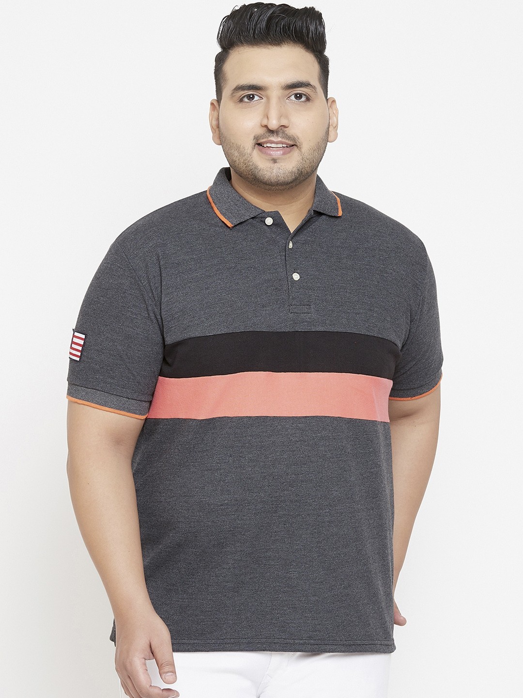 

bigbanana Plus Size Men Grey Black Striped Polo Collar Bio Finish Pure Cotton T-shirt