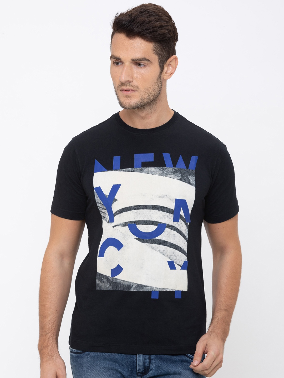 

Globus Men Black & Off-White Printed Round Neck T-shirt