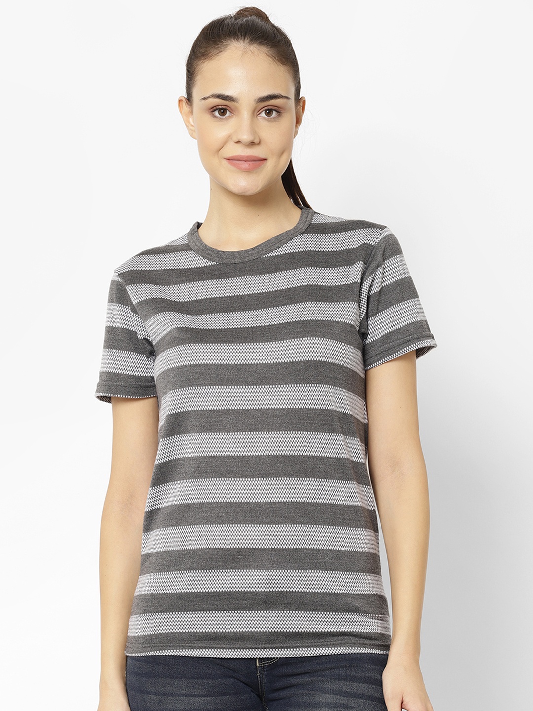 

MACK JONNEY Women Grey Melange Striped Round Neck T-shirt
