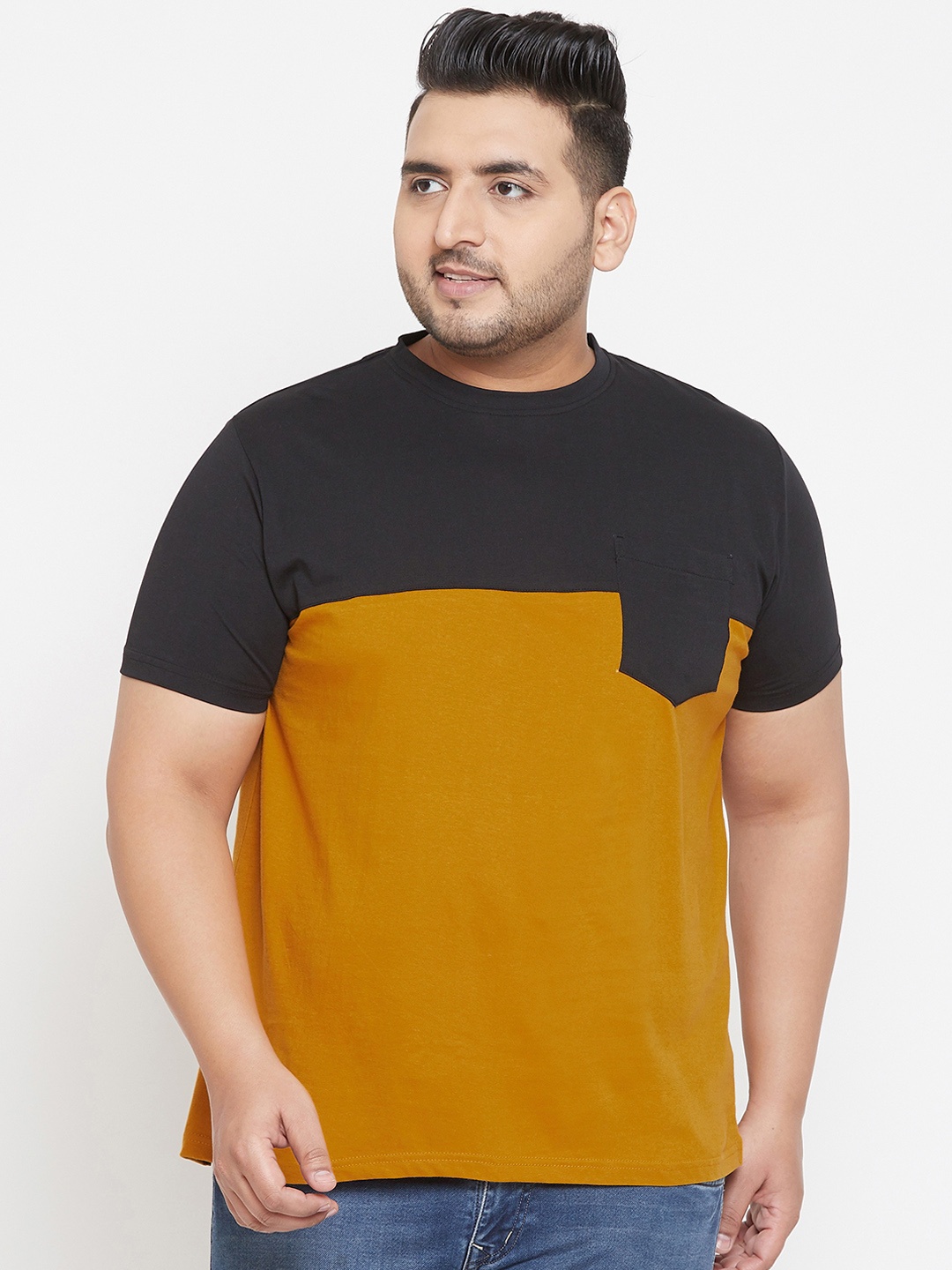 

bigbanana Plus Size Men Yellow Black Colourblocked Round Neck T-shirt