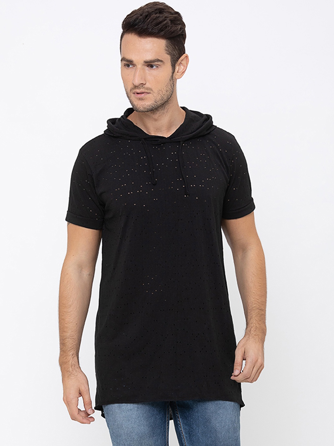 

Globus Men Black Self Design Hood T-shirt