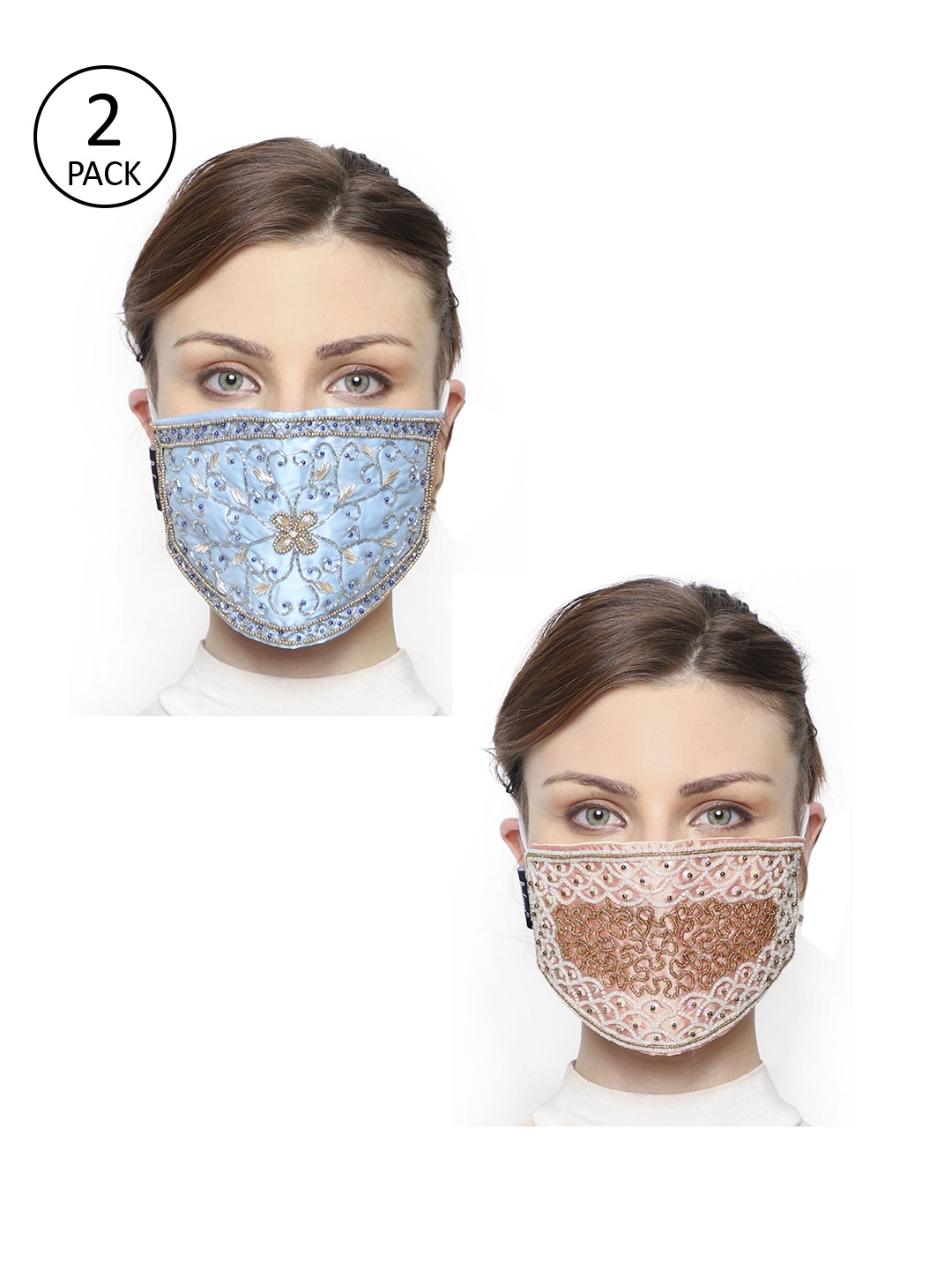 

Anekaant Women Pack of 2 3-Ply Art Silk Embellished Cloth Mask, Beige