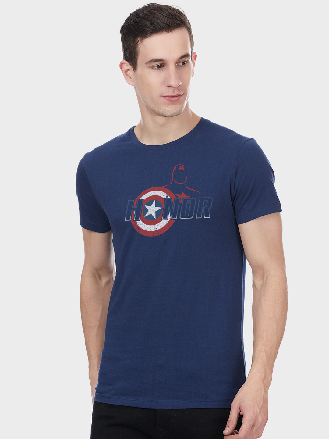 

Free Authority Men Navy Blue Captain America Printed Shield Round Neck Pure Cotton T-shirt