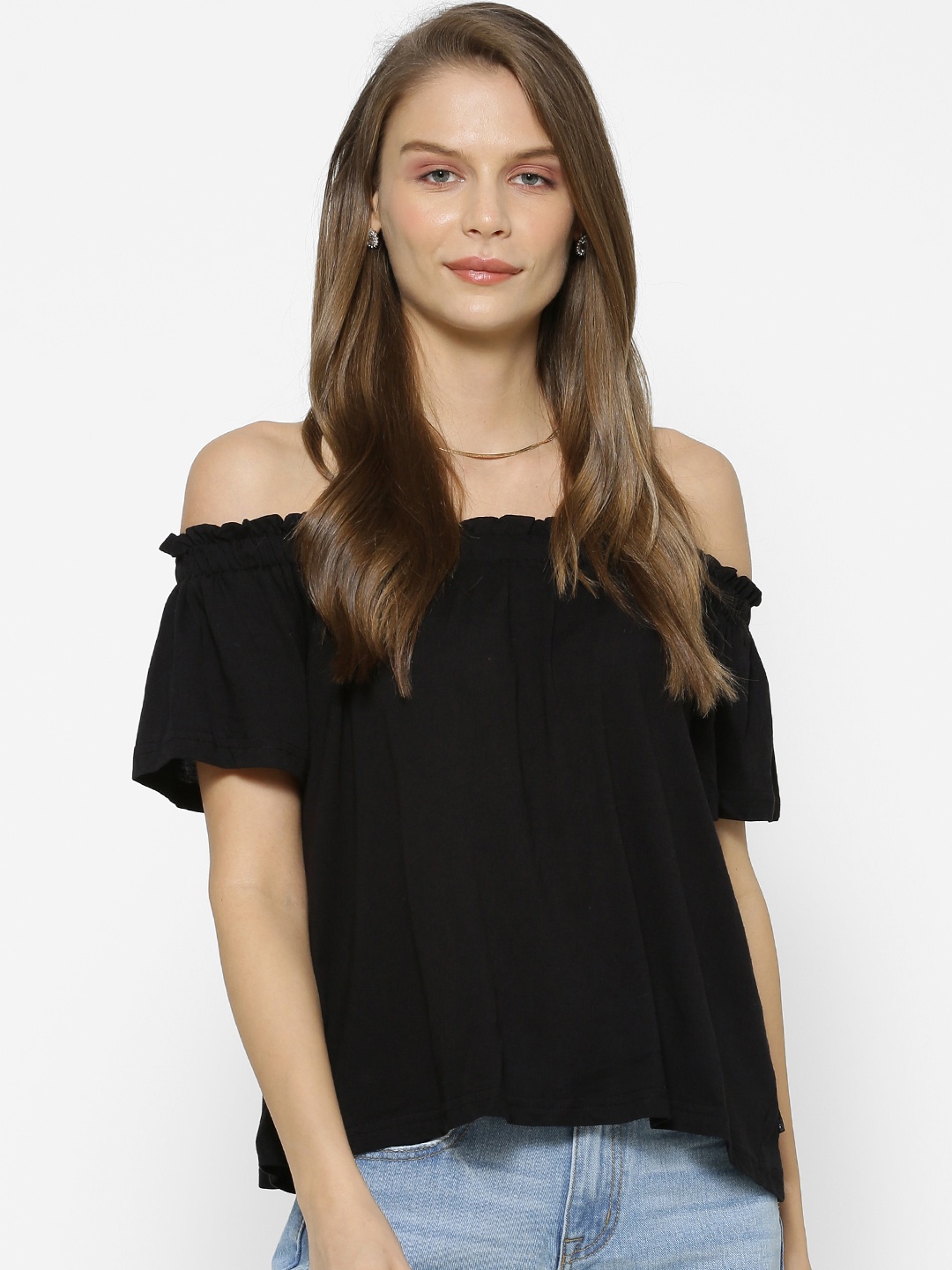 

FOREVER 21 Women Black Solid Bardot Top