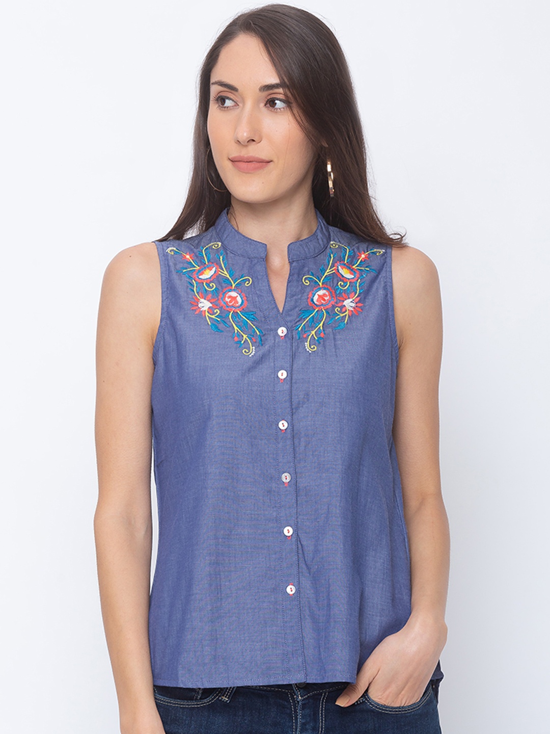 

Globus Women Blue & Green Floral Embroidered Casual Shirt