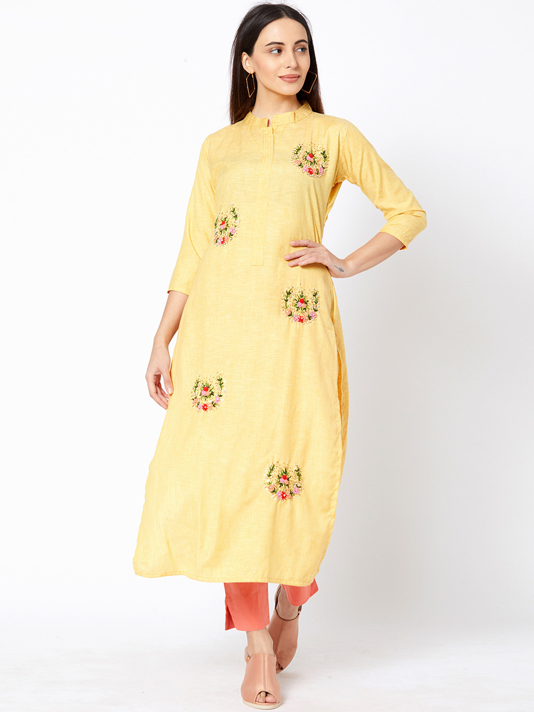 

FASHOR Women Yellow Embroidered A-Line Kurta