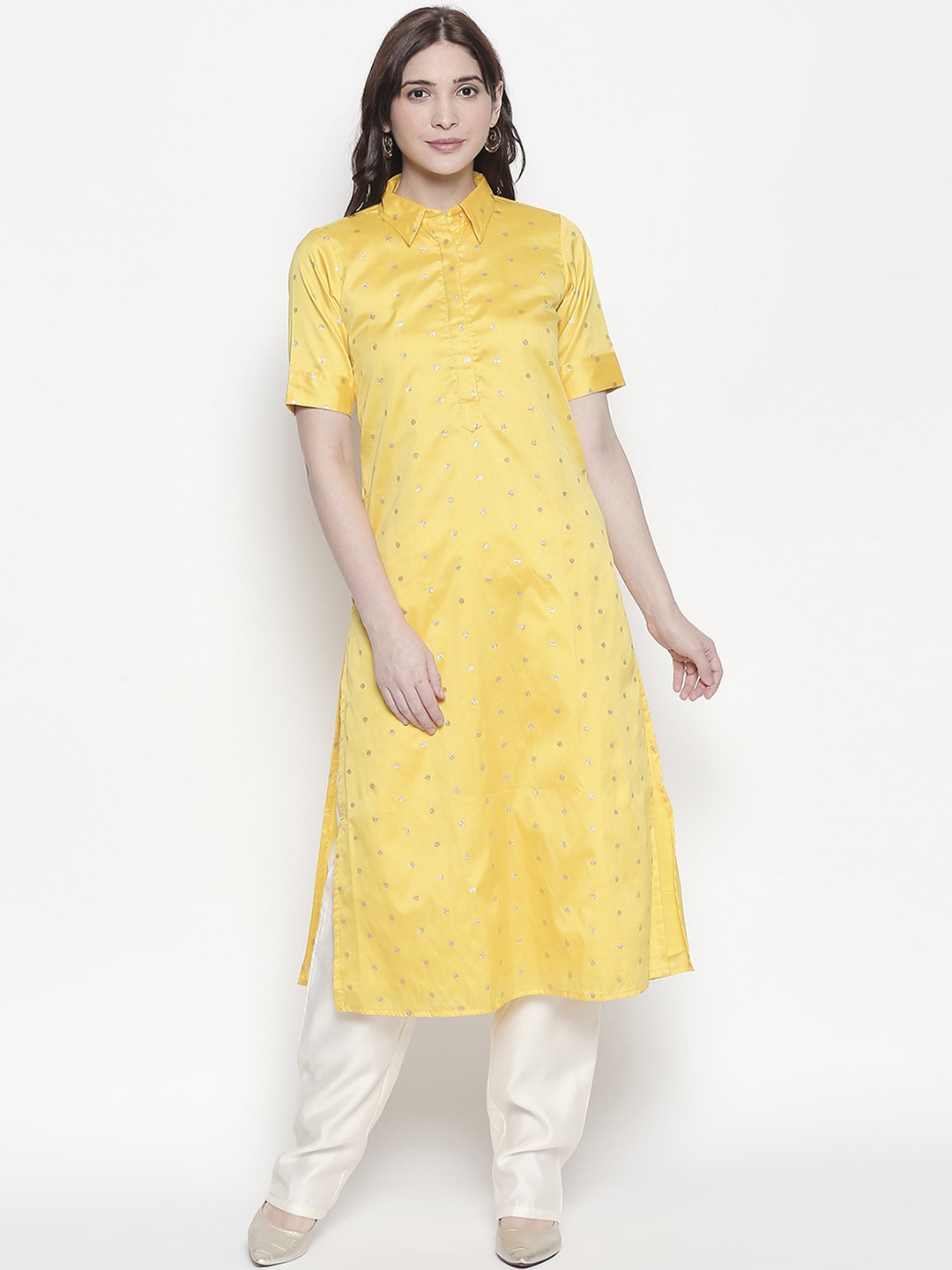 

Desi Weavess Women Yellow Printed A-Line Kurta