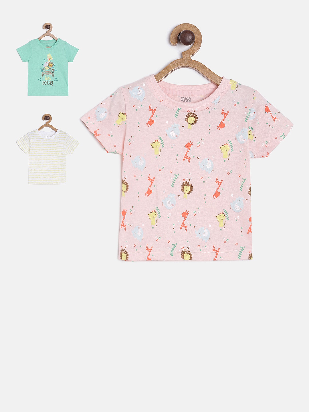 MINI KLUB Girls Pack Of 3 Printed Knitted Pure Cotton Top, Multi