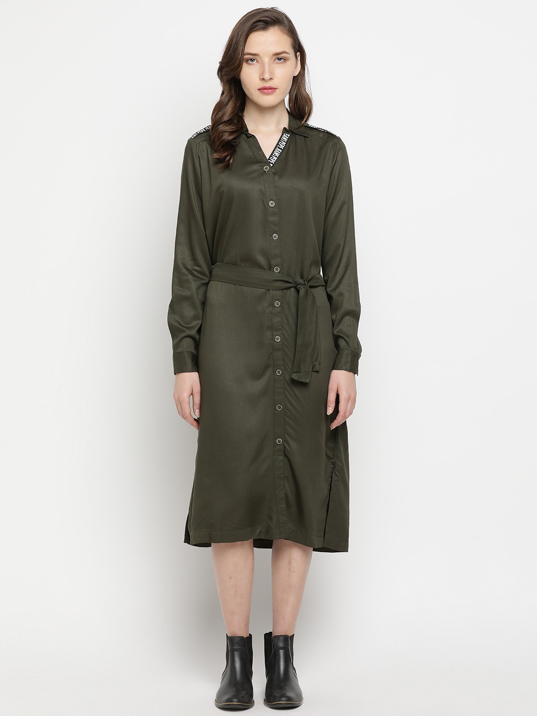 

Pepe Jeans Women Olive Green Solid Shirt Dress With Waist Tie-Up