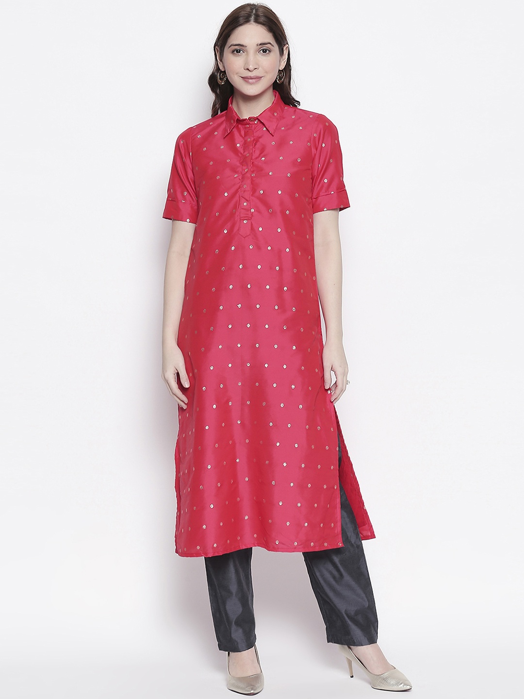 

Desi Weavess Women Red & Gold-Toned Printed Straight Kurta