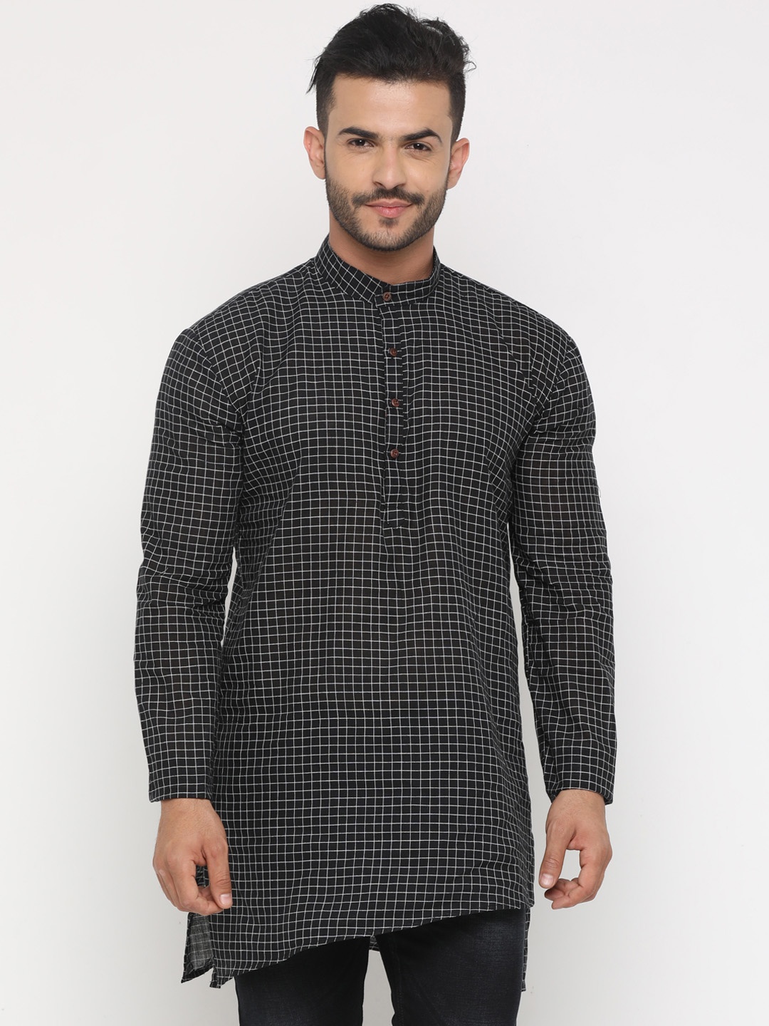 

SHOWOFF Men Black & Off-White Checked Straight Kurta