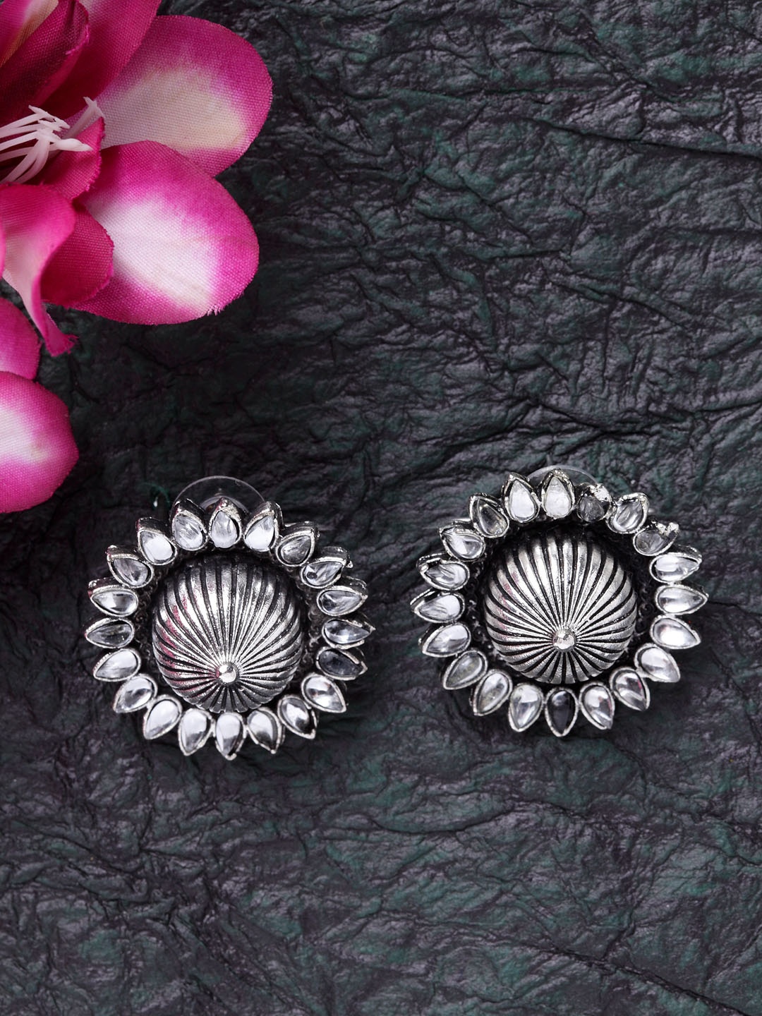 

Moedbuille Silver Stones Studded Floral Shape Antique Oxidised Studs