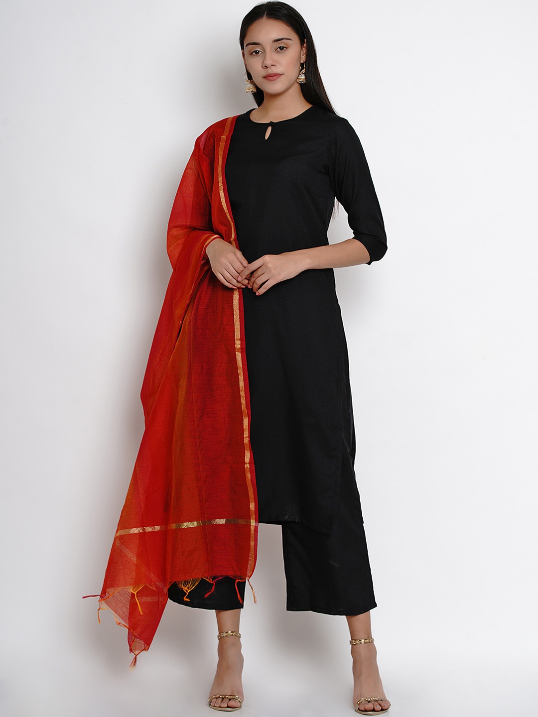 

Bhama Couture Women Black & Red Solid Kurta with Palazzos & Dupatta