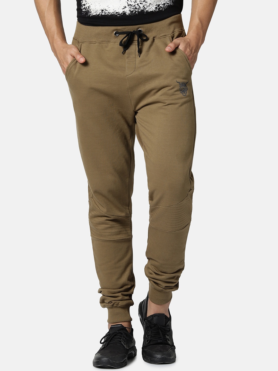 YAK YAK Men Khaki-Coloured Solid Slim-Fit Joggers