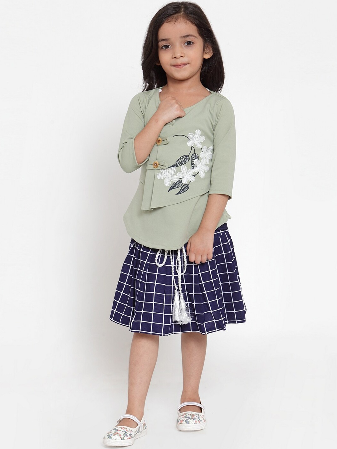 

Aarika Girls Green & Navy Blue Printed Top with Skirt