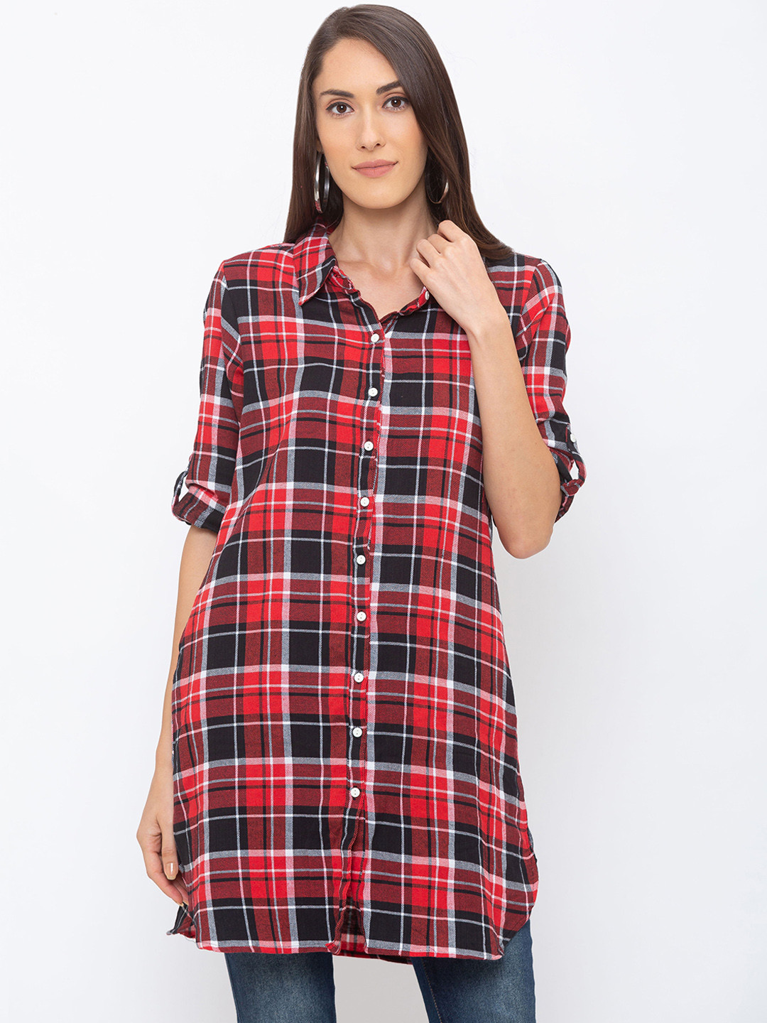 

Globus Women Red & Black Checked Shirt Style Longline Top