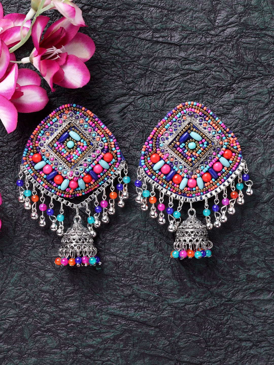 

Moedbuille Multicoloured Dome Shaped Afghan Design Drop Earrings, Multi