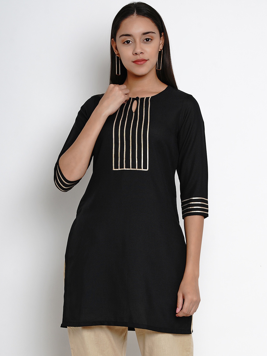 

Bhama Couture Women Black Pure Cotton Straight Kurti with Gota Detailing