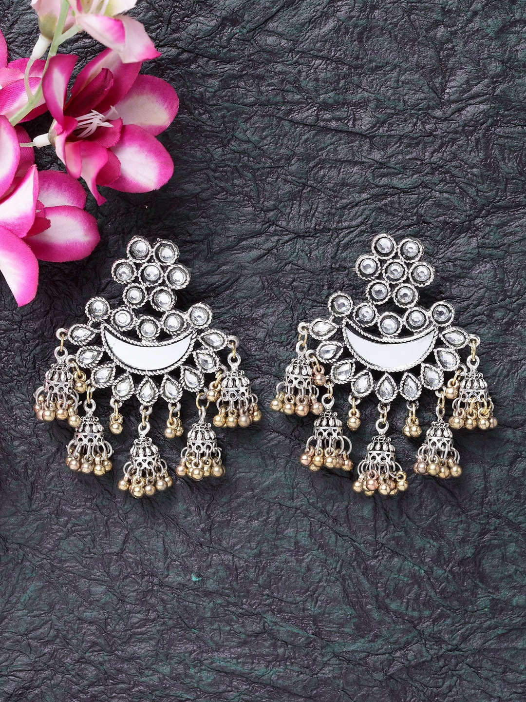 

Moedbuille Gold & Silver Handcrafted Mirror and Stone Studded Chandbalis