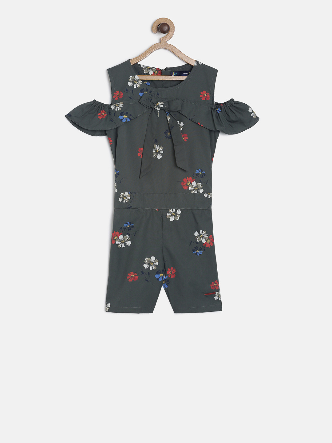 

TALES & STORIES Girls Olive Green & White Floral Printed Romper
