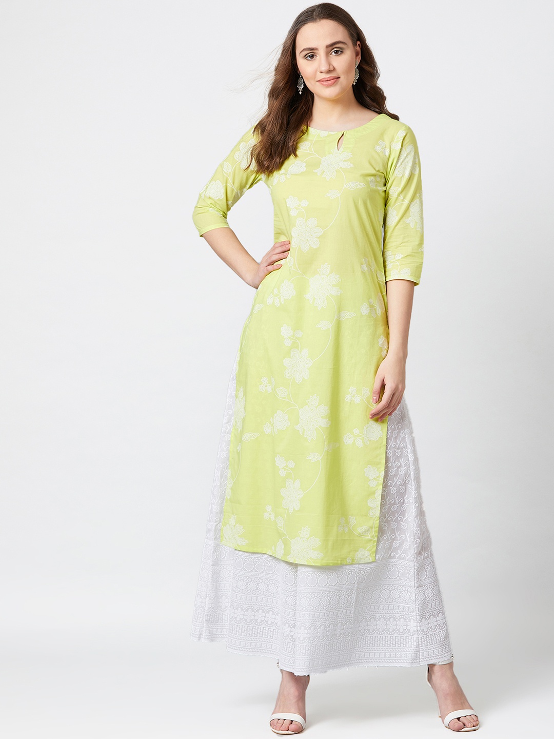 

PANIT Women Lime Green Printed Straight Kurta