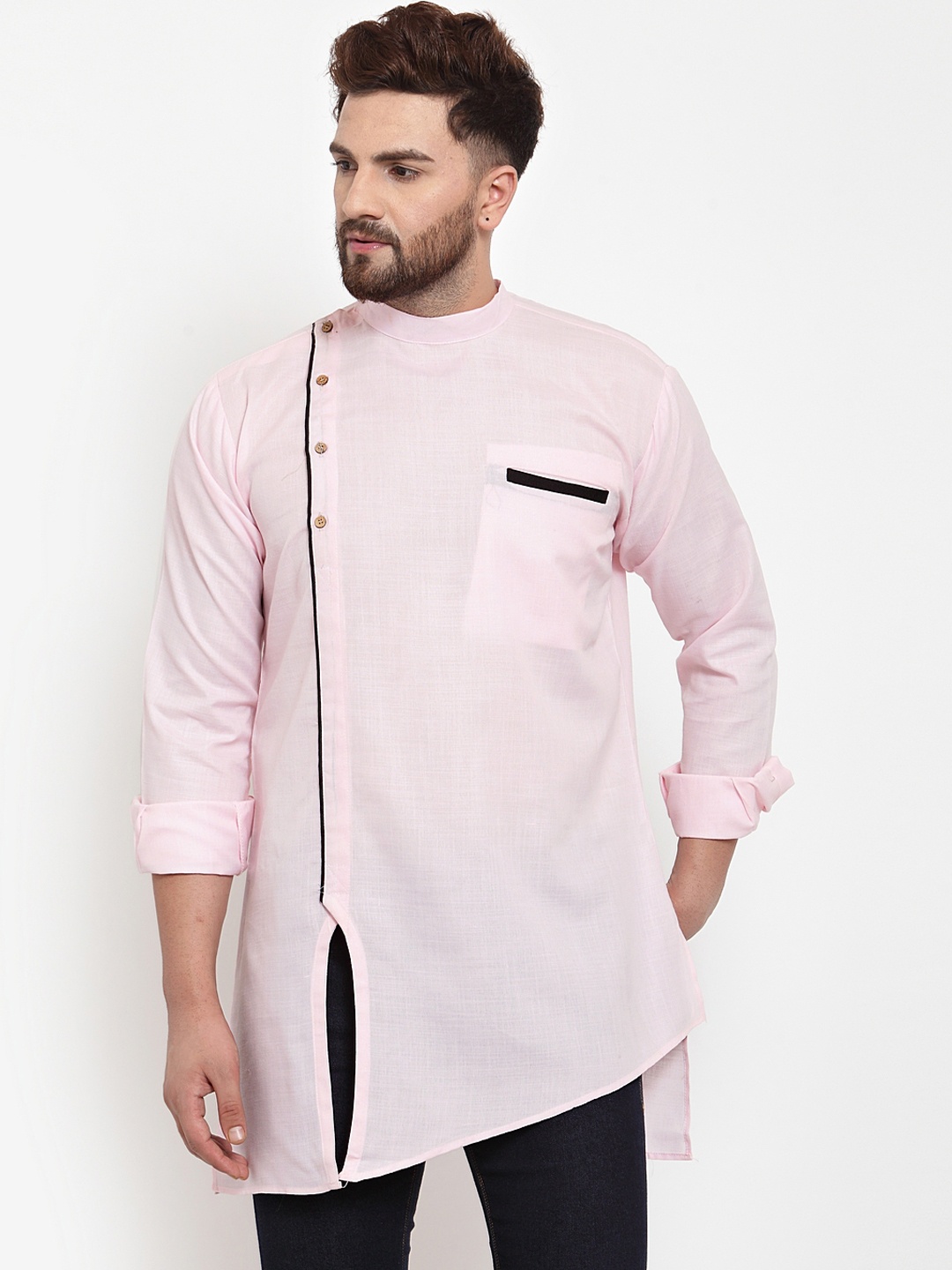 

Benstoke Men Pink Solid Straight Kurta