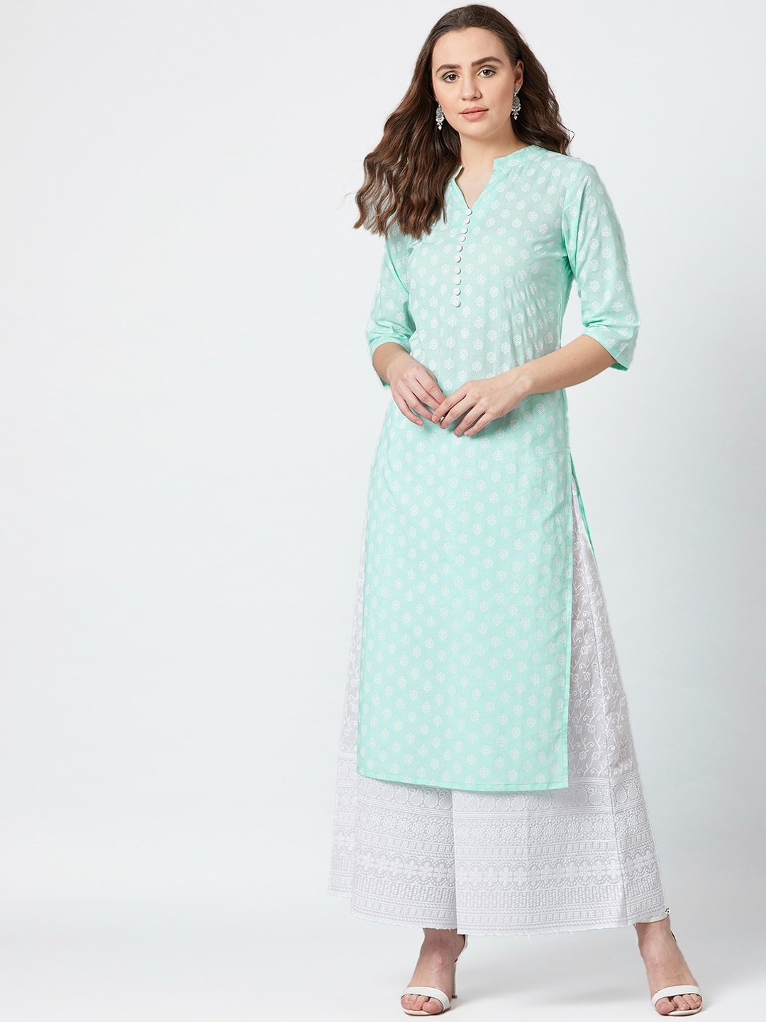 

PANIT Women Turquoise Blue Printed Straight Kurta