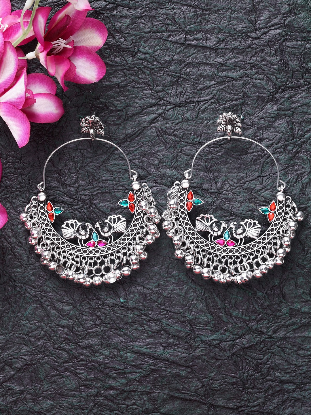 

Moedbuille Silver-Toned Handcrafted Filigree Oxidised Crescent Shaped Drop Earrings