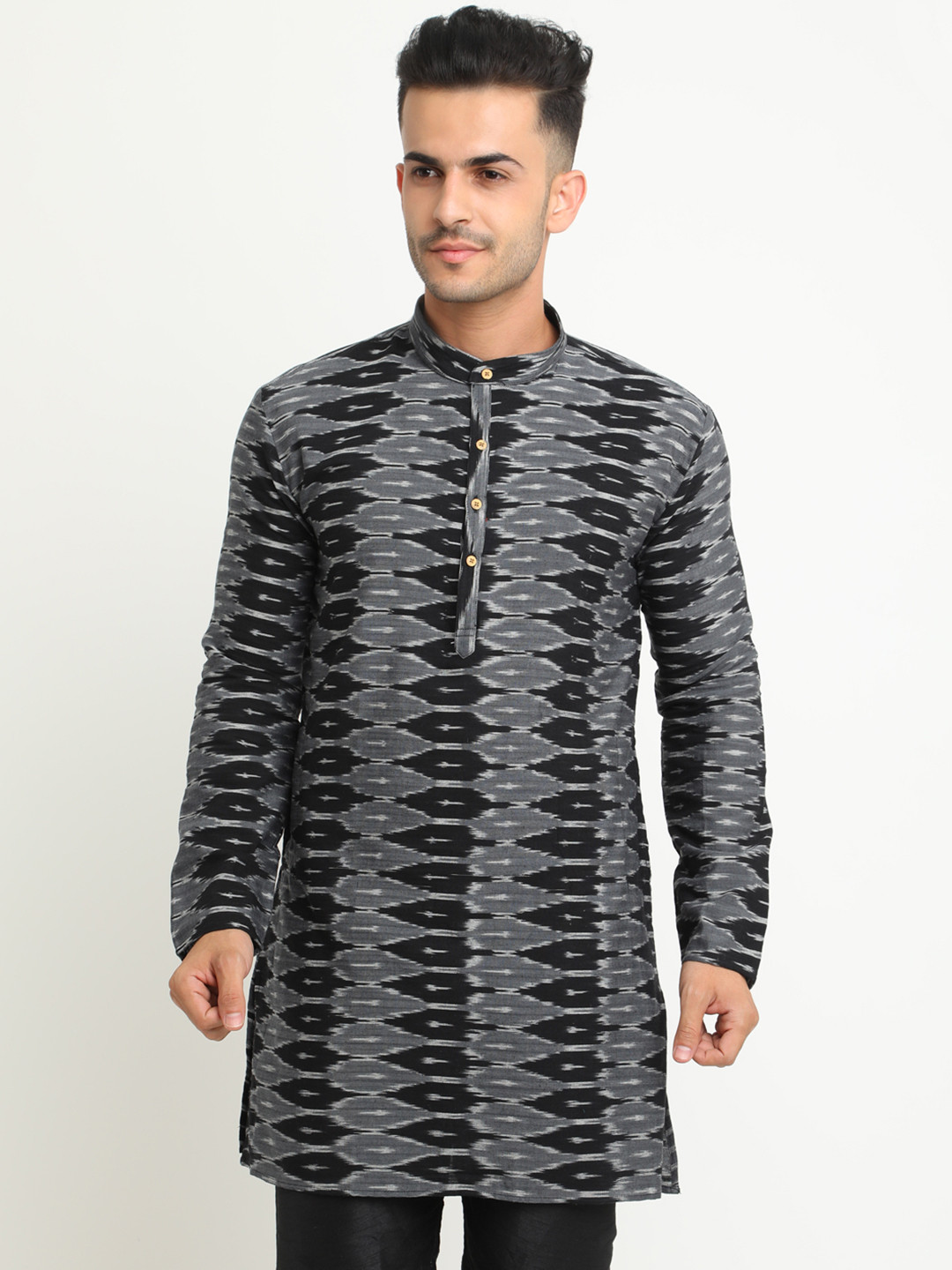 

SHOWOFF Men Grey & Black Woven Design Straight Kurta