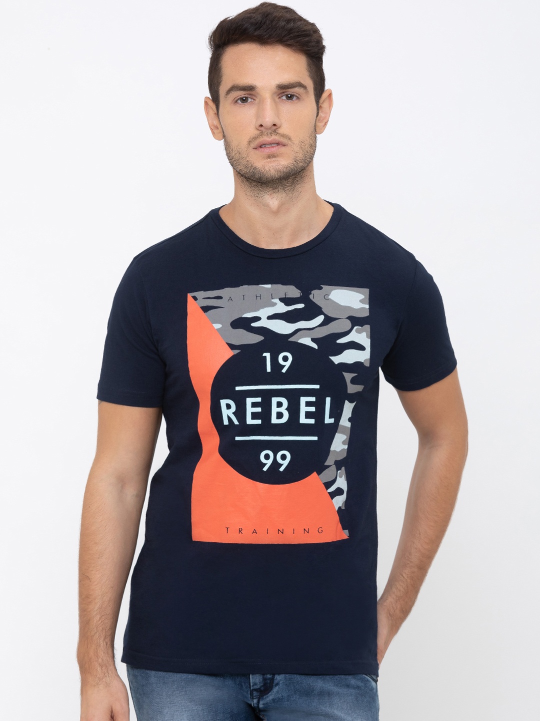 

Globus Men Navy Blue Printed Round Neck T-shirt