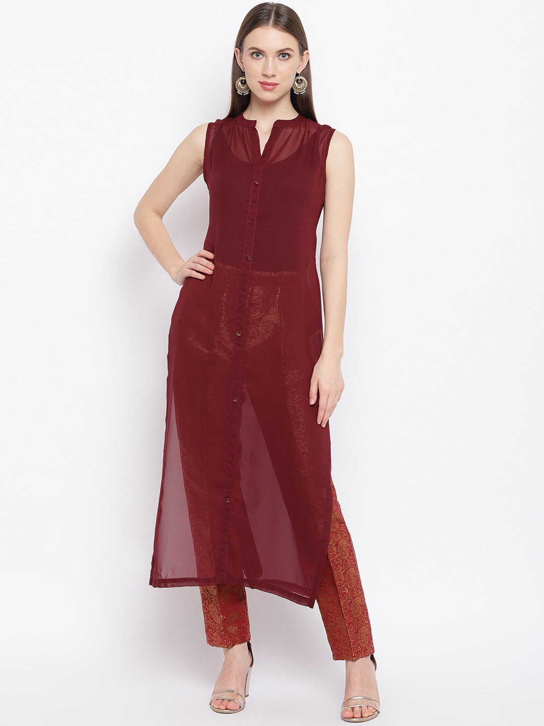 

RIVI Women Maroon Solid Kurta with Trousers
