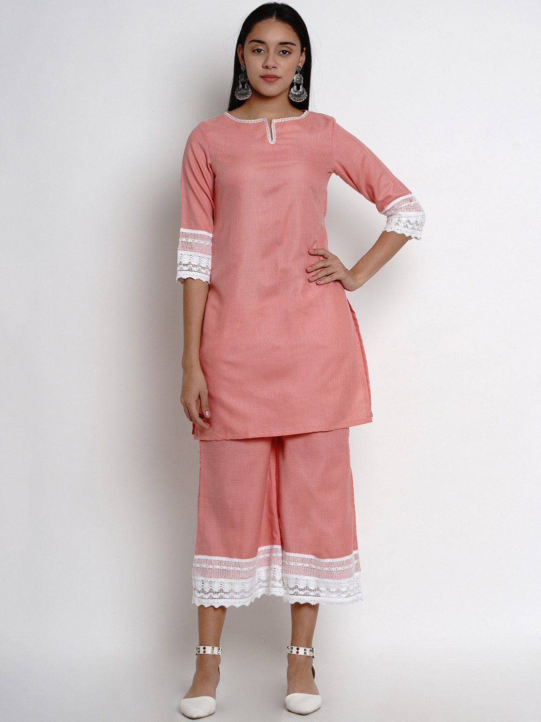 

Bhama Couture Women Peach & White Self Design Kurti with Palazzos