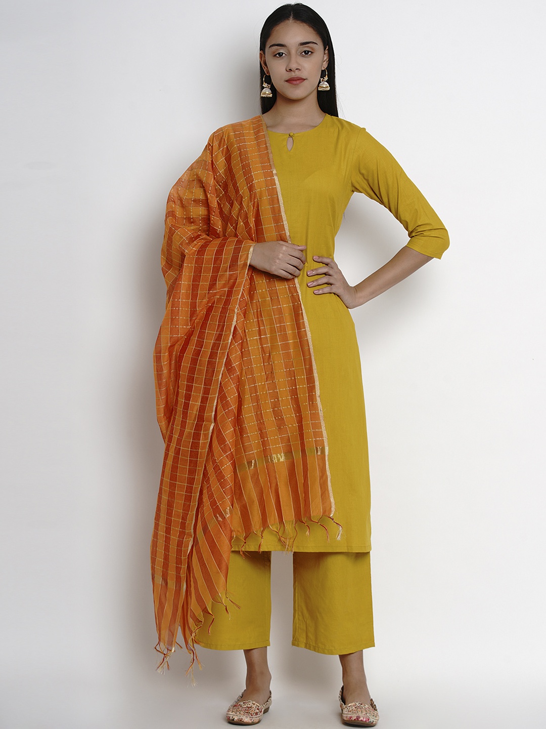 

Bhama Couture Women Mustard Yellow Solid Kurta with Palazzos & Dupatta