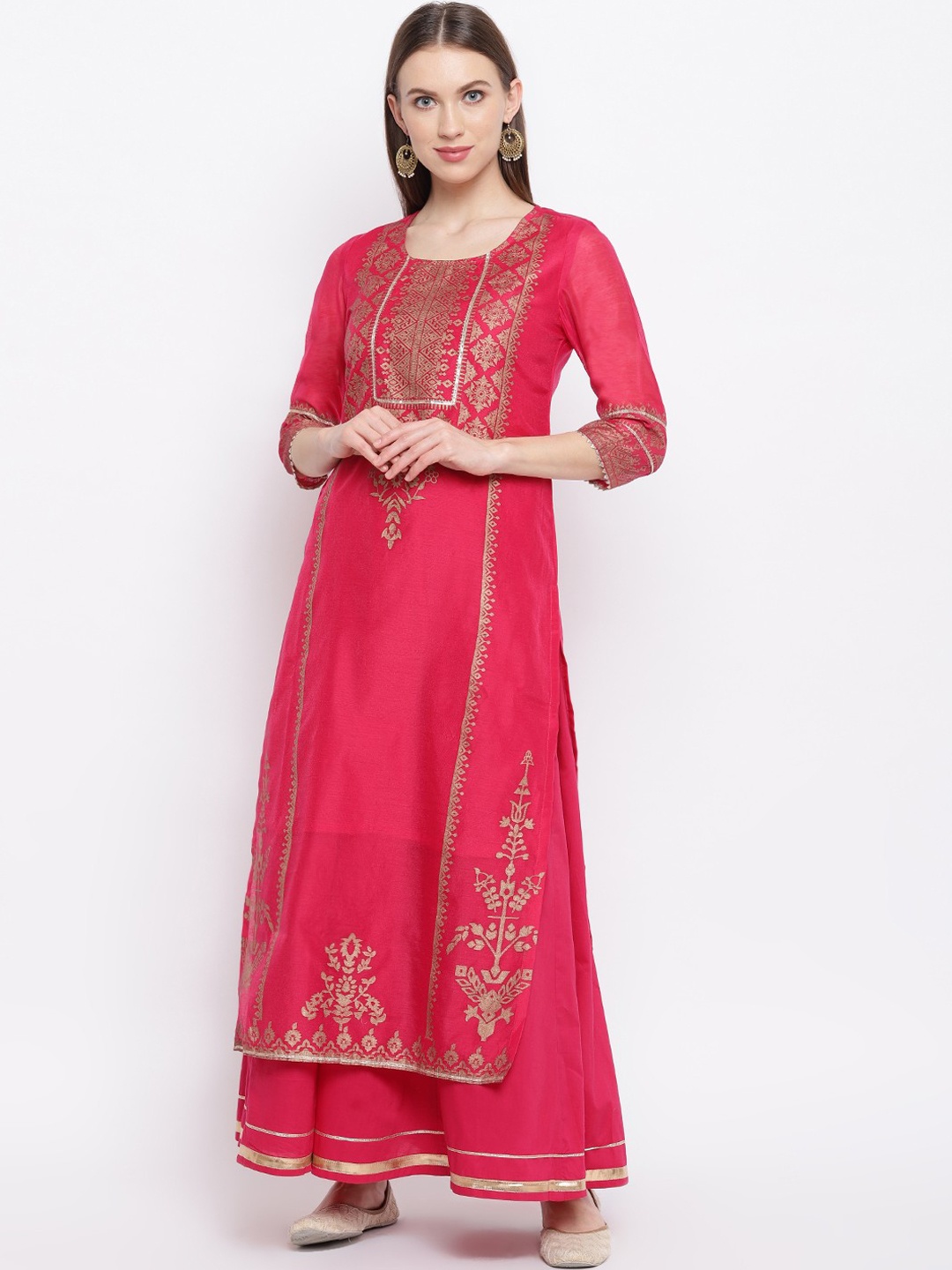 

RIVI Women Pink & Gold-Coloured Block Printed Kurta with Skirt