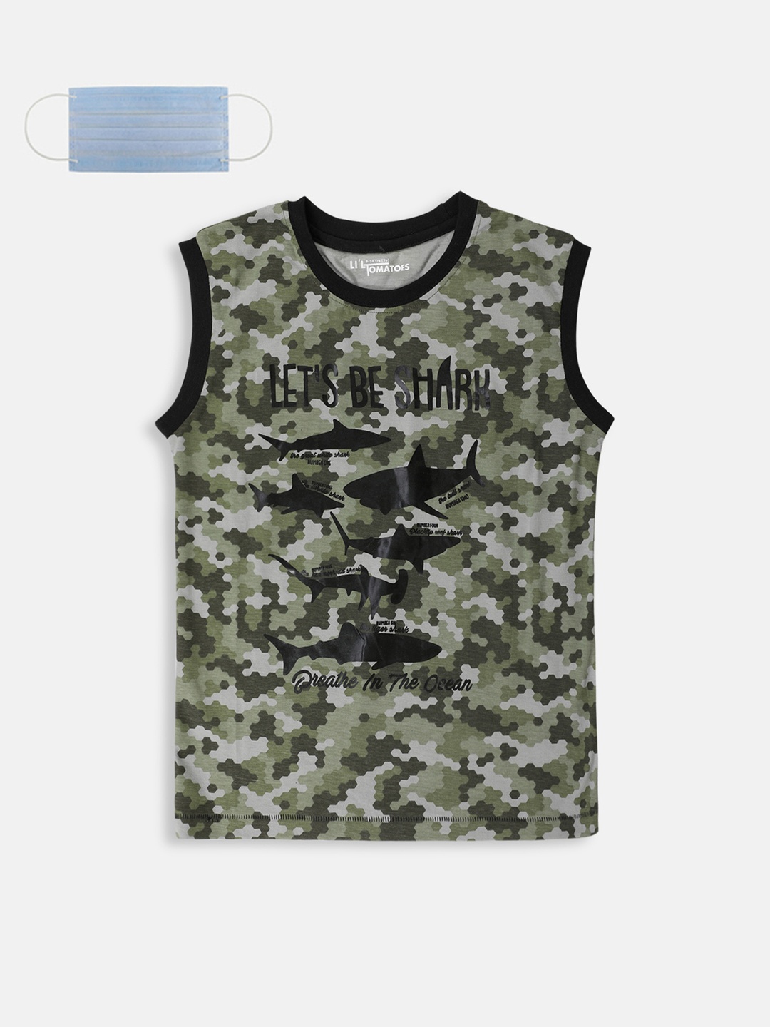 

Lil Tomatoes Boys Olive Green & White Camouflage Print Sleeveless T-shirt