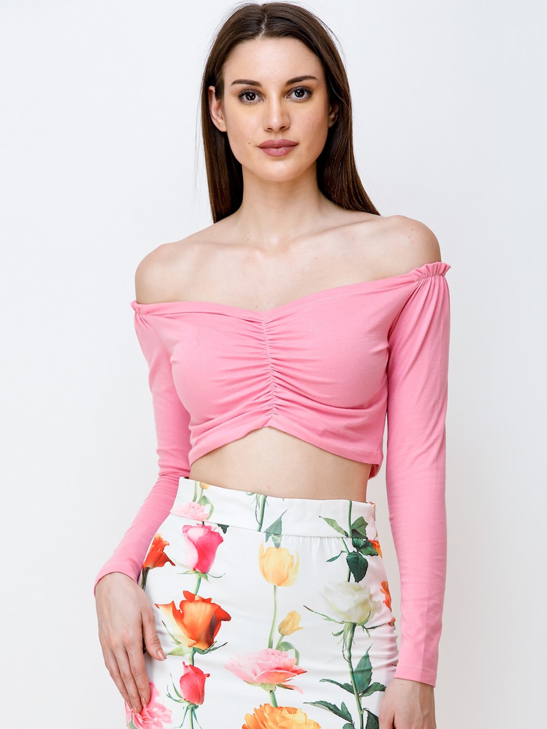 

SCORPIUS Women Pink Solid Bardot Crop Top
