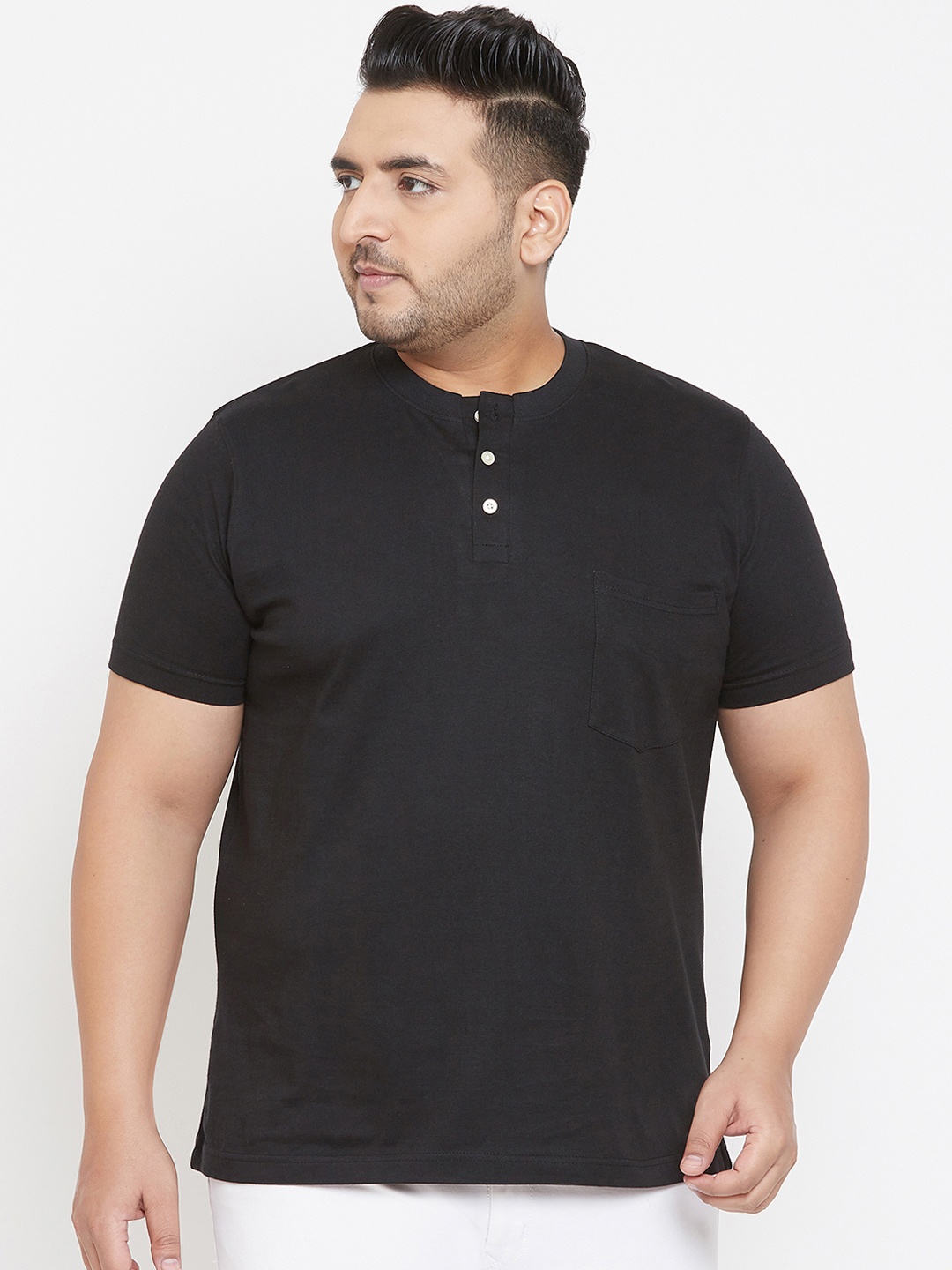 bigbanana Plus Size Men Black Solid Henley Neck T-shirt