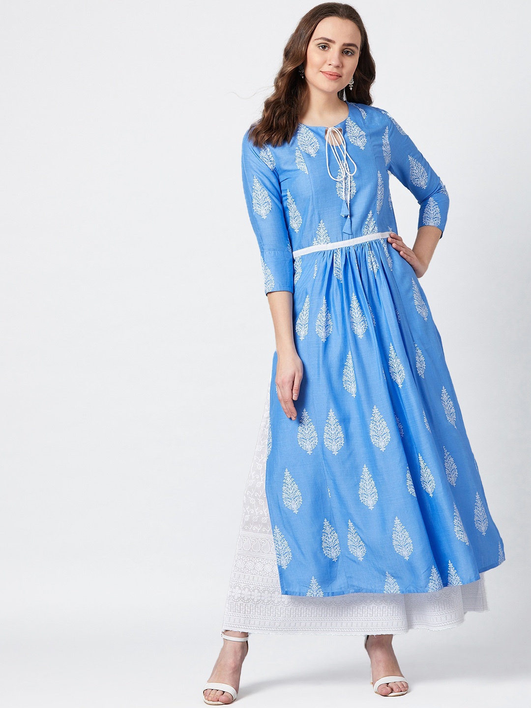 PANIT Women Blue & White Floral Print Anarkali Kurta