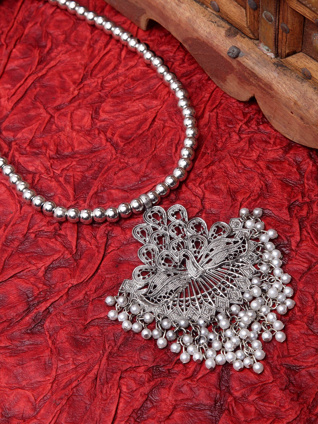 

Moedbuille Peacock Shape German Silver Brass-Plated Oxidised Necklace