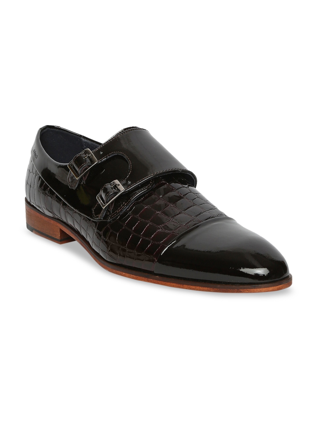GABICCI Men Black & Burgundy Textured Birch Patent Leather Formal Monks