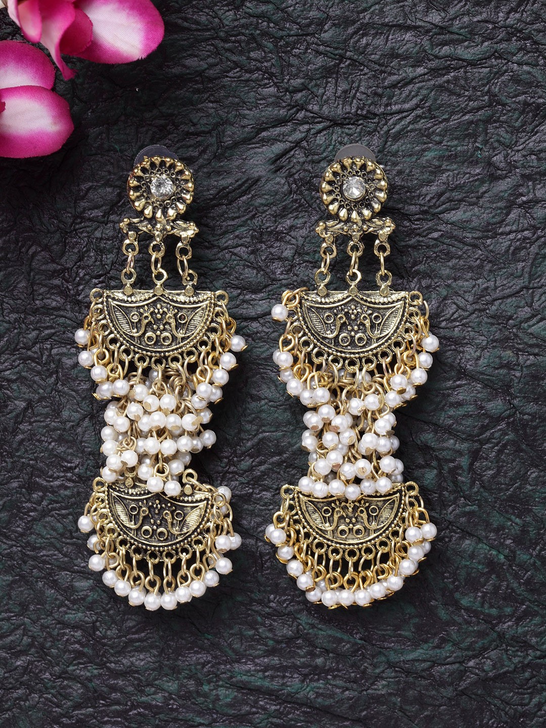 

Moedbuille Brass-Plated Gold-Toned & White Pearl Classic Drop Earrings