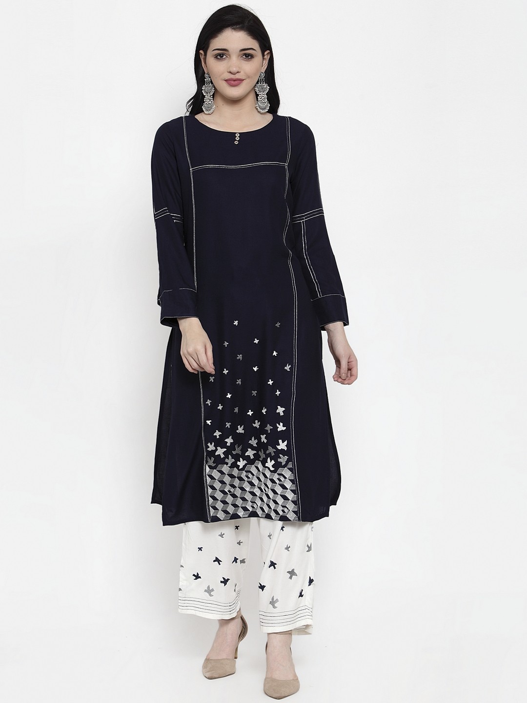 

ANAISA Women Navy Blue & White Embroidered Kurta with Embroidered Palazzos