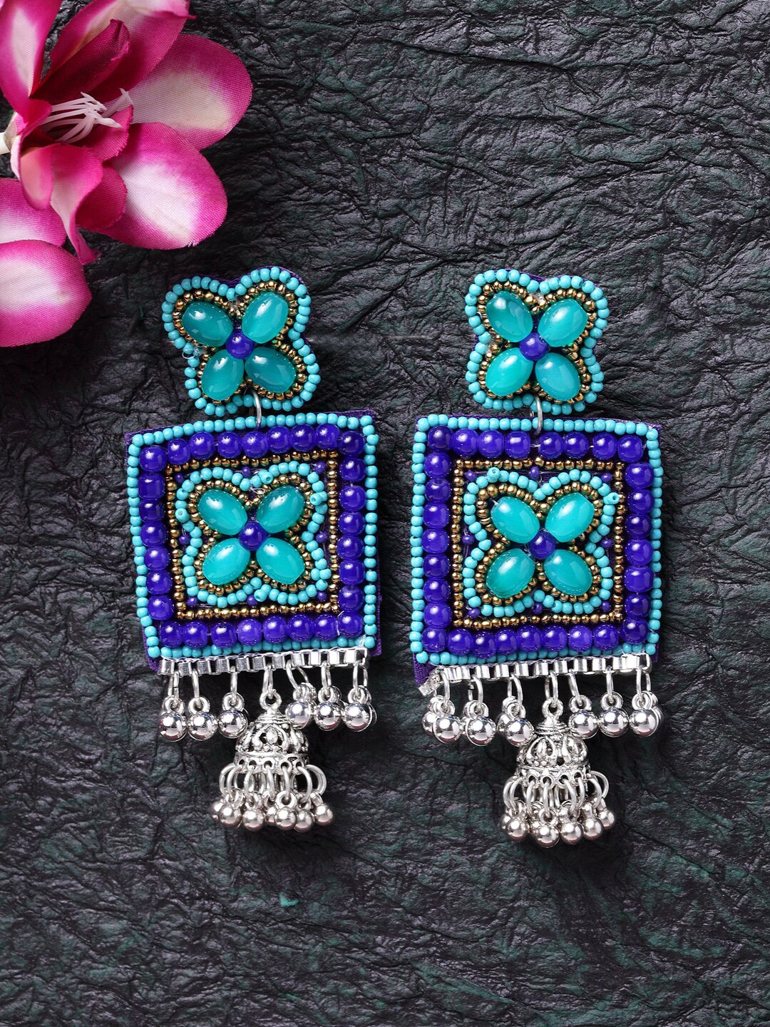 

Moedbuille Blue & Sea Green Handcrafted Oxidised Square Drop Earrings