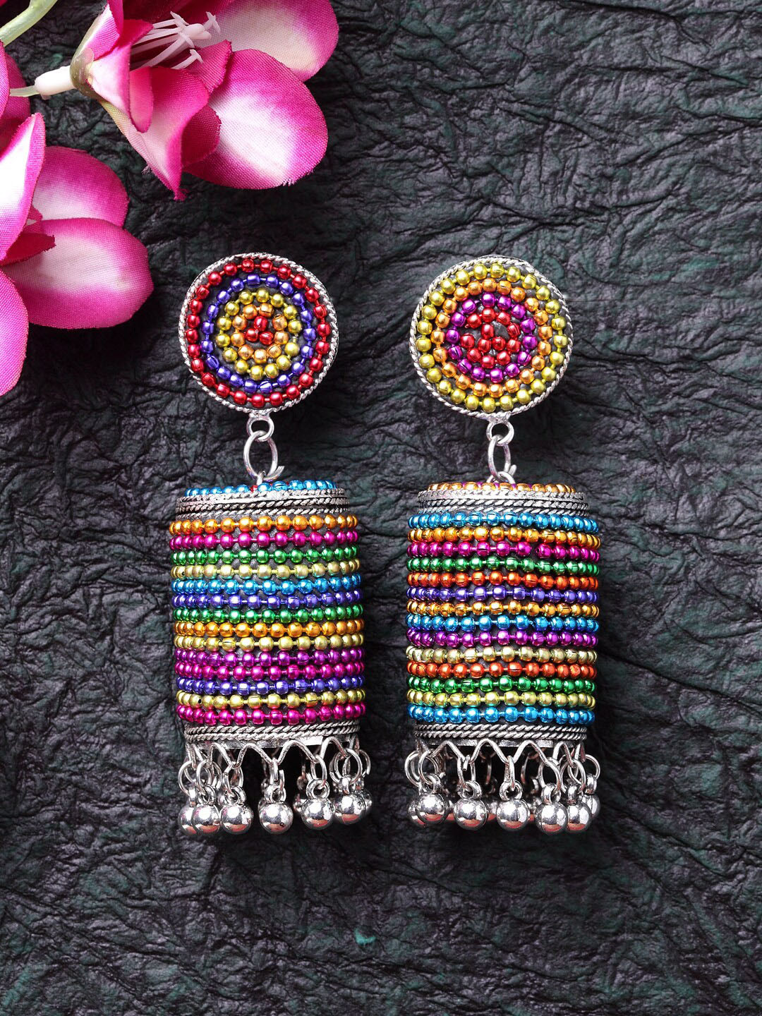 

Moedbuille Silver-Toned & Pink Oxidised Afghan Dome Shaped Jhumkas