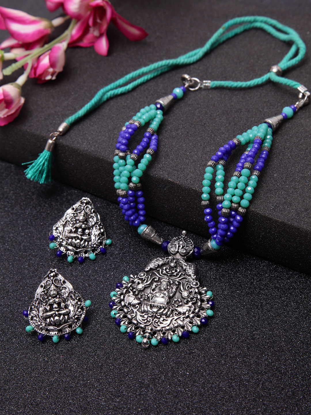 

Moedbuille Oxidised Silver-Plated & Blue Crystal Studded Tribal Handcrafted Jewellery Set