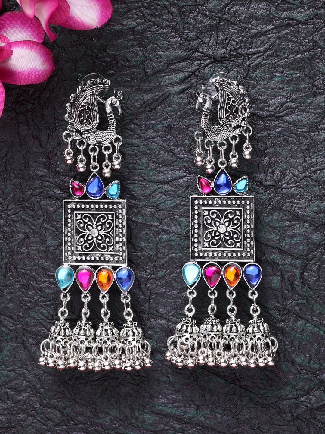 

Moedbuille Silver-Plated Peacock Shaped Handcrafted Drop Earrings