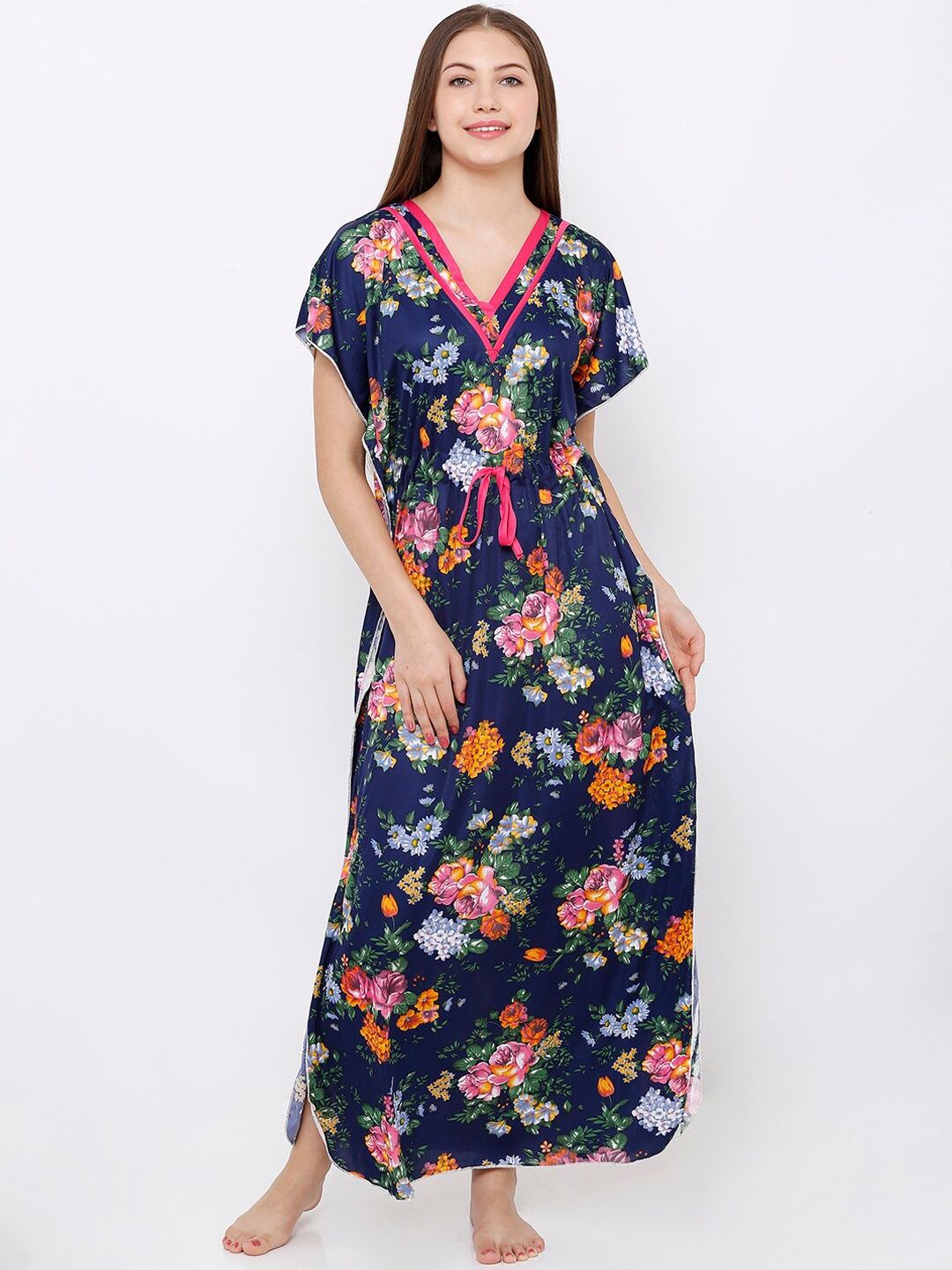 

Pretty Awesome Navy Blue & Pink Floral Printed Nightdress