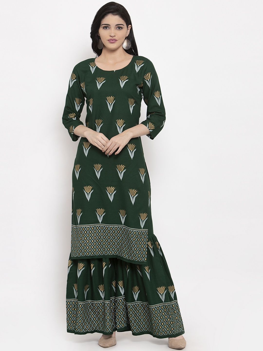 

ANAISA Women Olive Green Floral Printed Regular Kurta with Sharara